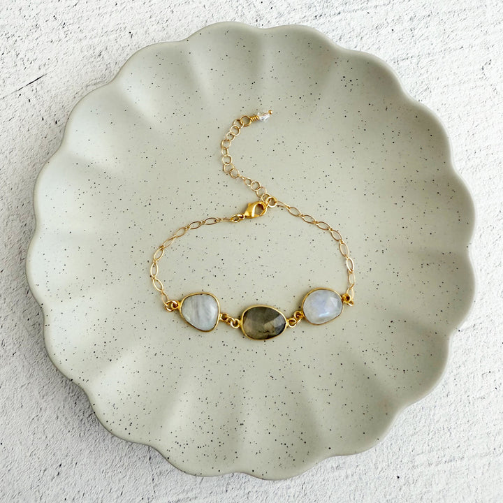 Moonstone and Labradorite Statement Bracelet in Gold