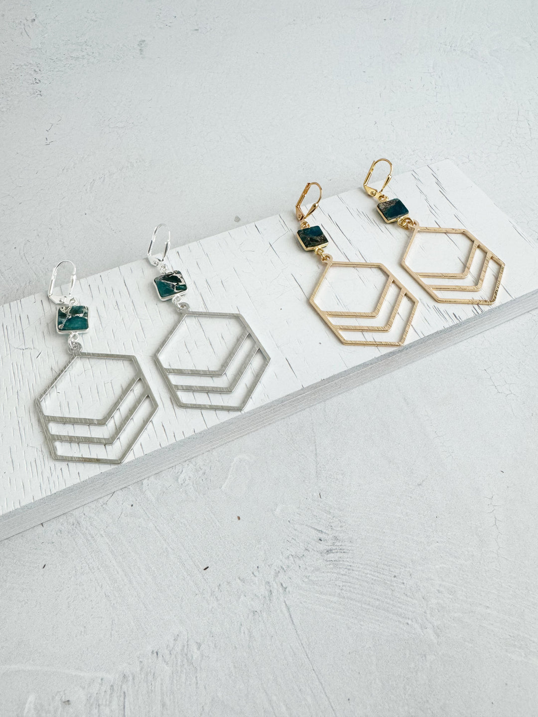 Double Hexagon Earrings with Teal Mojave Stones in Brushed Gold and Silver