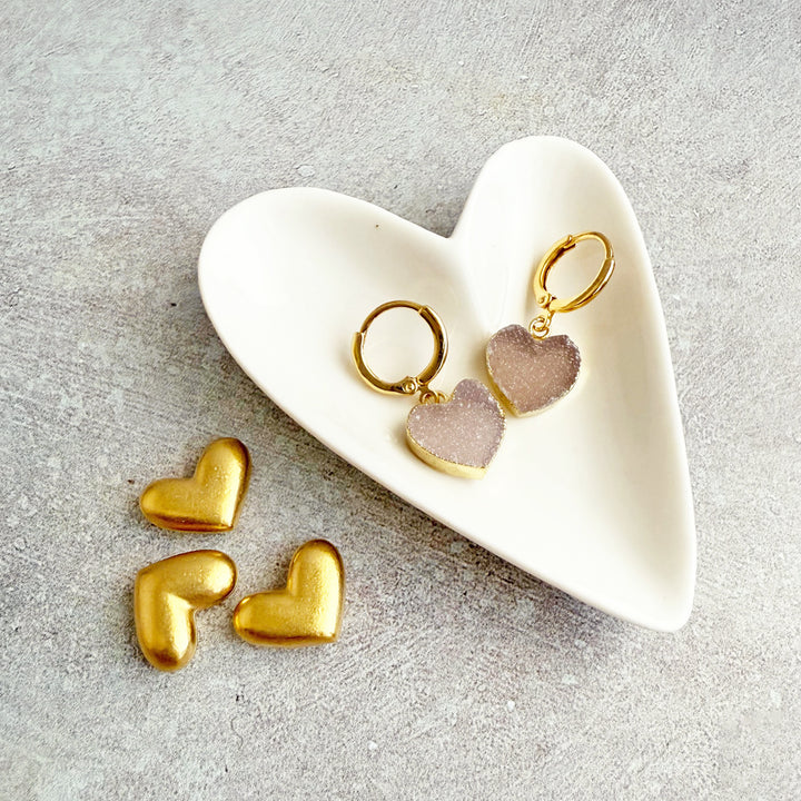 Pale Pink Druzy Heart Huggie Earrings in Gold