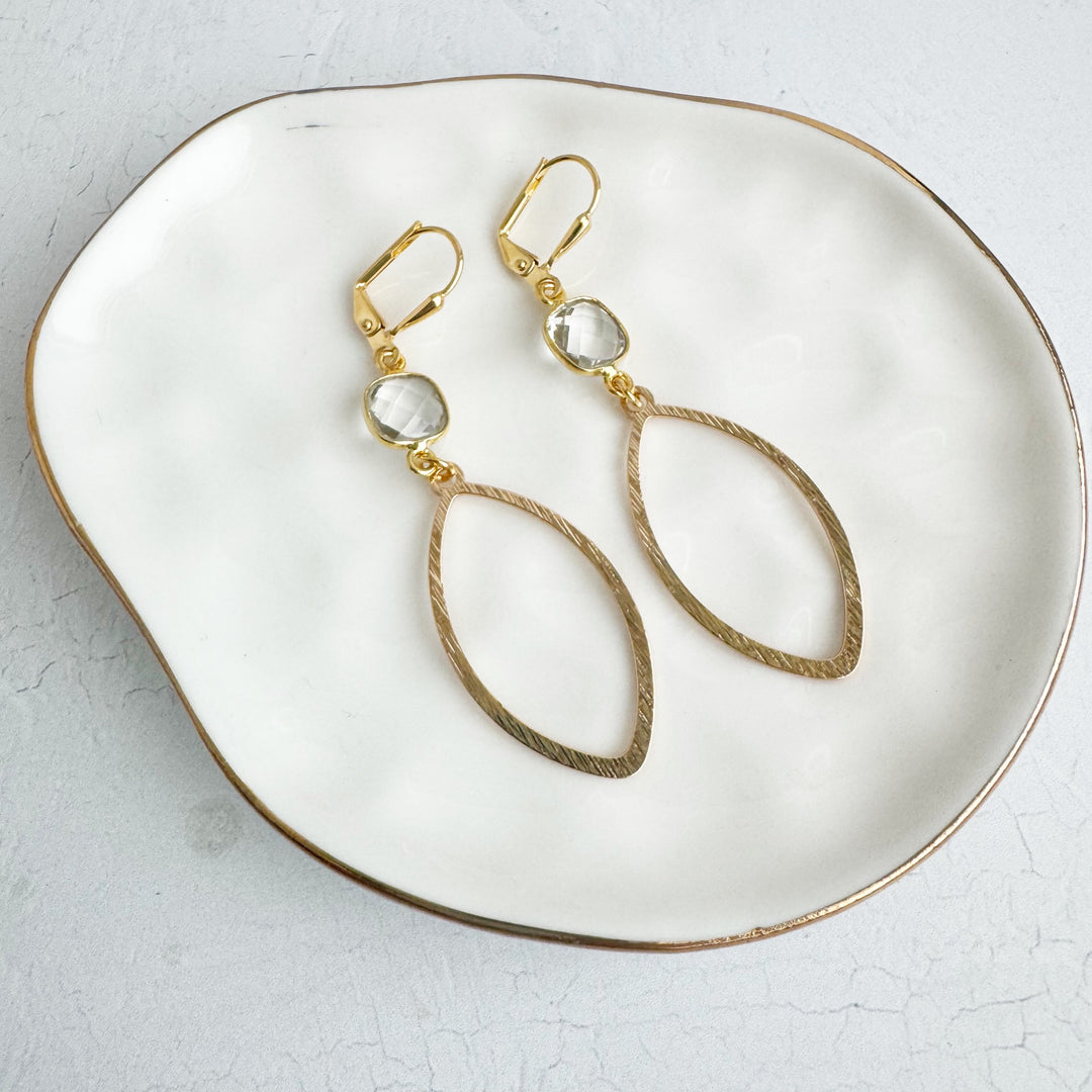 Clear Stone Marquise Dangle Earrings in Brushed Gold