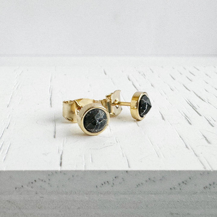 Black Howlite Dot Stud Earrings in Gold