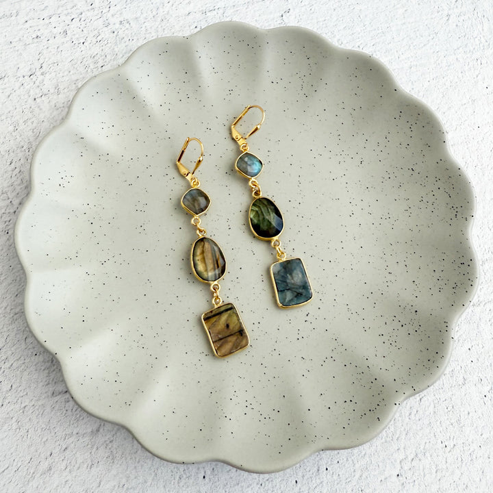 Long Freeform Labradorite Gemstone Drop Earrings in Gold