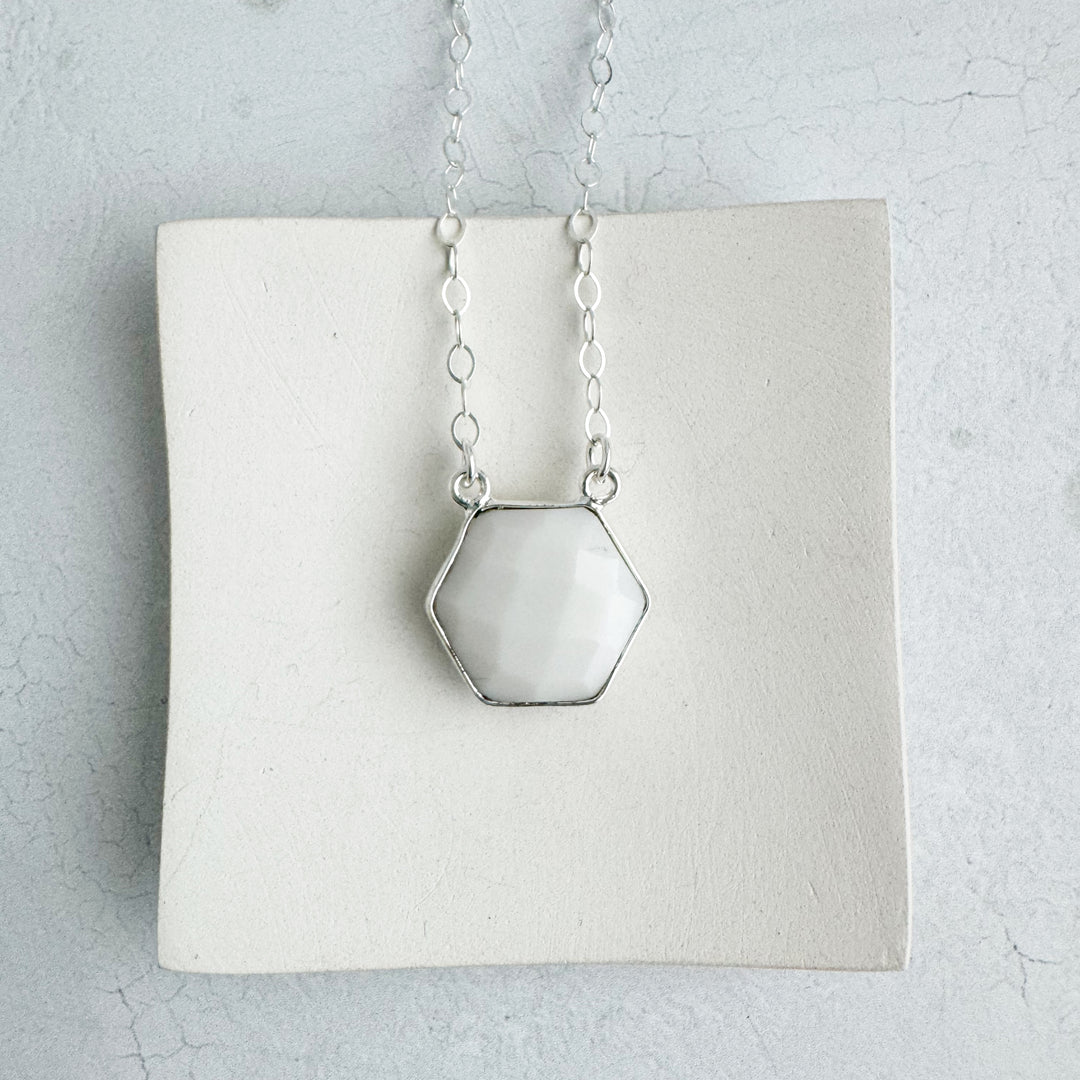 White Agate Hexagon Bezel Necklace in Gold and Silver