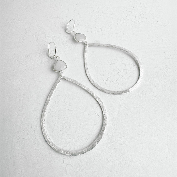 Large Moonstone Teardrop Statement Earrings in Brushed Silver