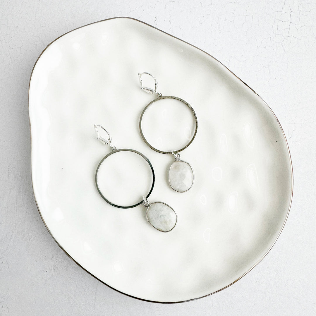 Moonstone Hoop Dangle Earrings in Brushed Silver