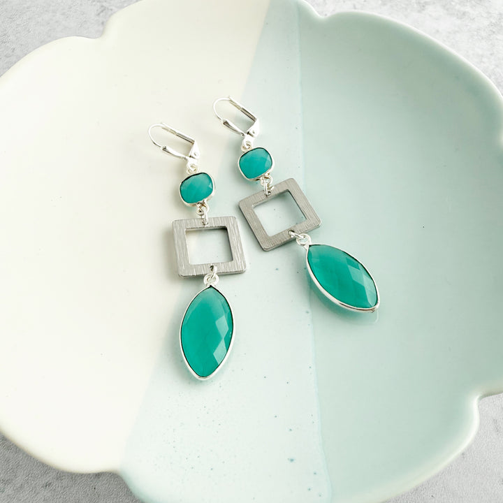 Aqua Chalcedony Marquise and Square Earrings in Brushed Silver