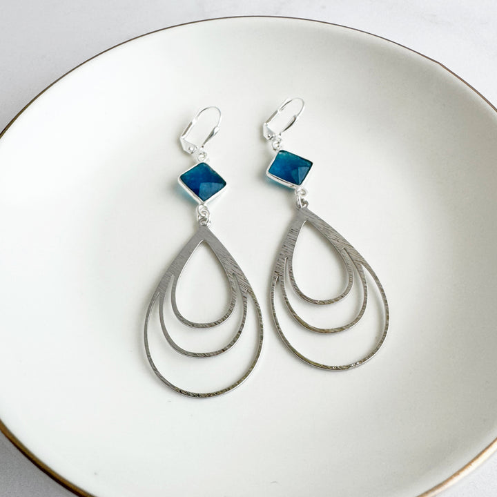 Blue Chalcedony and Multiple Teardrop Statement Earrings in Brushed Silver
