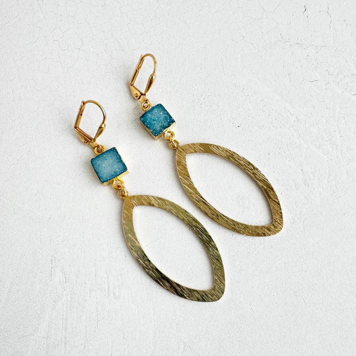 Ocean Blue Druzy Marquise Dangle Earrings in Brushed Gold