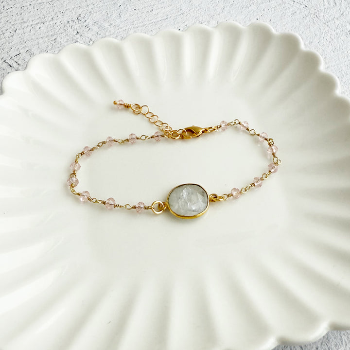 Moonstone and Pink Crystal Beaded Chain Bracelet in Gold