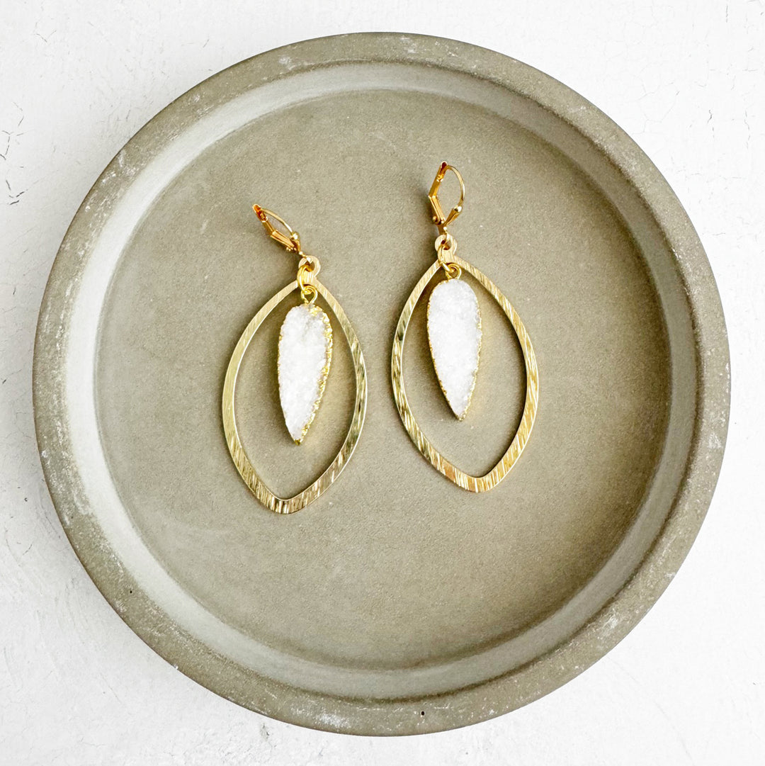 White Druzy Marquise Dangle Earrings in Brushed Gold