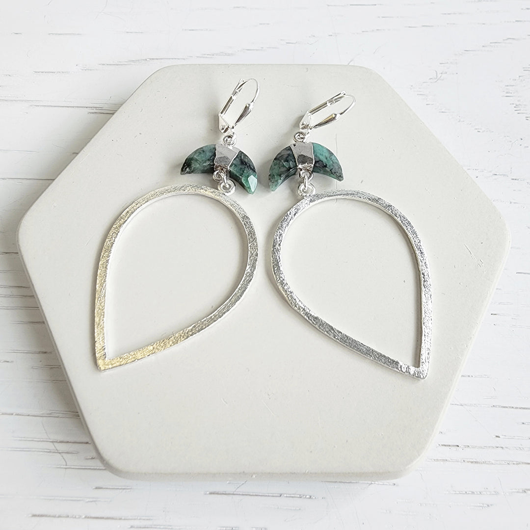 Crescent Stone Inverted Teardrop Statement Earrings in Brushed Silver