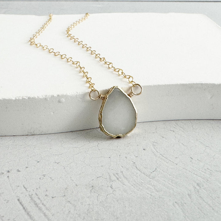 Grayish White Gemstone Slice Pendant Necklace. White Stone Layering Necklace