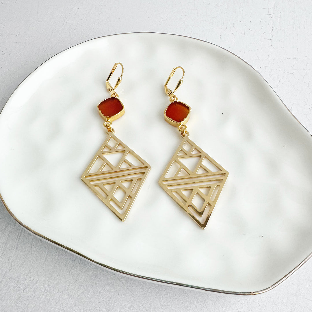 Carnelian and Geometric Diamond Statement Earrings in Gold