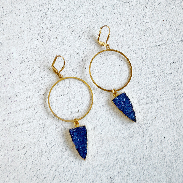 Blue Druzy Shield Hoop Dangle Earrings in Brushed Gold