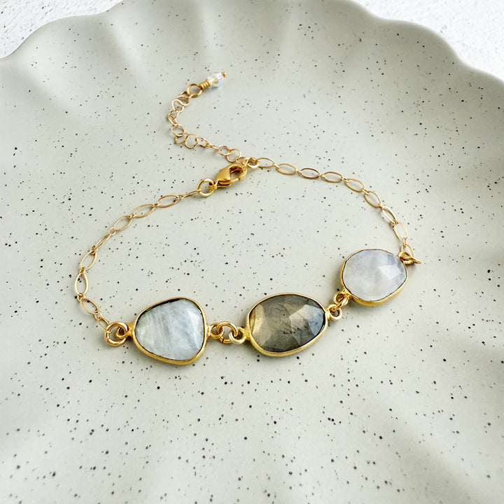 Moonstone and Labradorite Statement Bracelet in Gold