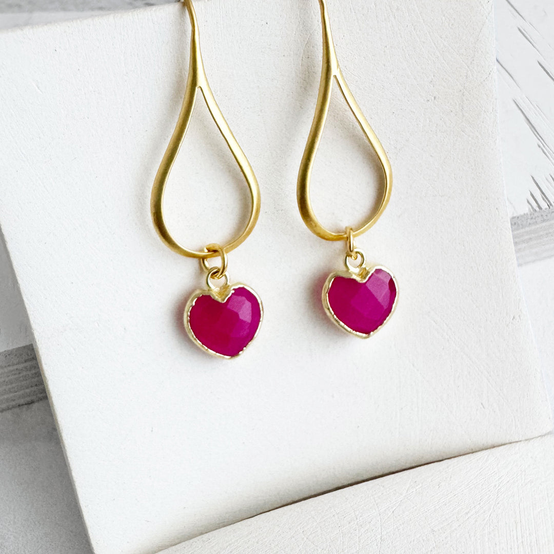 Dainty Fuchsia Chalcedony Heart Drop Earrings in Gold