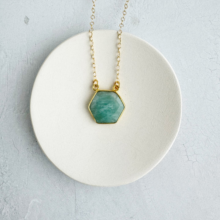 Amazonite Hexagon Bezel Necklace in Gold and Silver