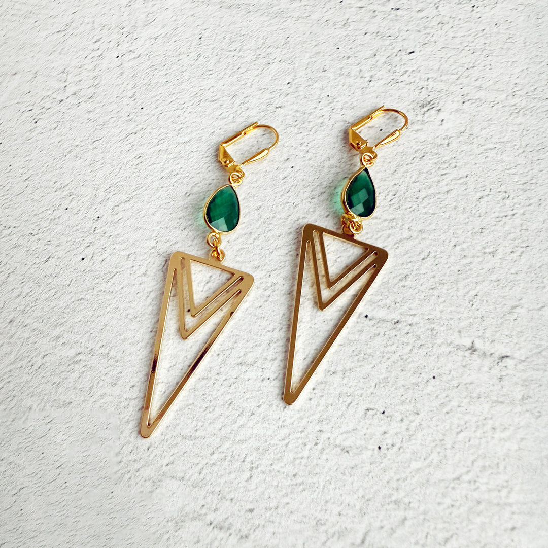 Green Quartz and Layered Triangle Statement Earrings in Gold
