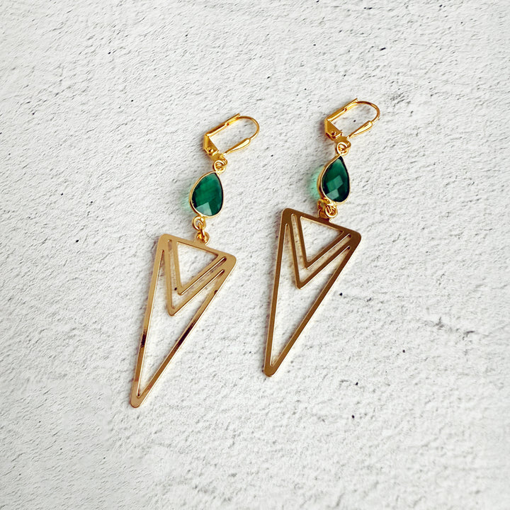 Green Quartz and Layered Triangle Statement Earrings in Gold