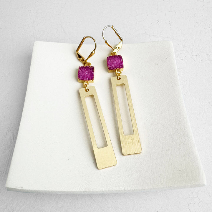 Pink Druzy Rectangle Dangle Earrings in Brushed Gold