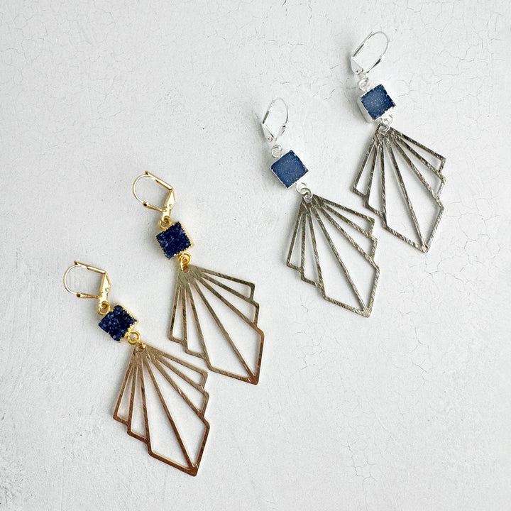 Indigo Druzy and Layered Fan Statement Earrings in Brushed Gold and Silver