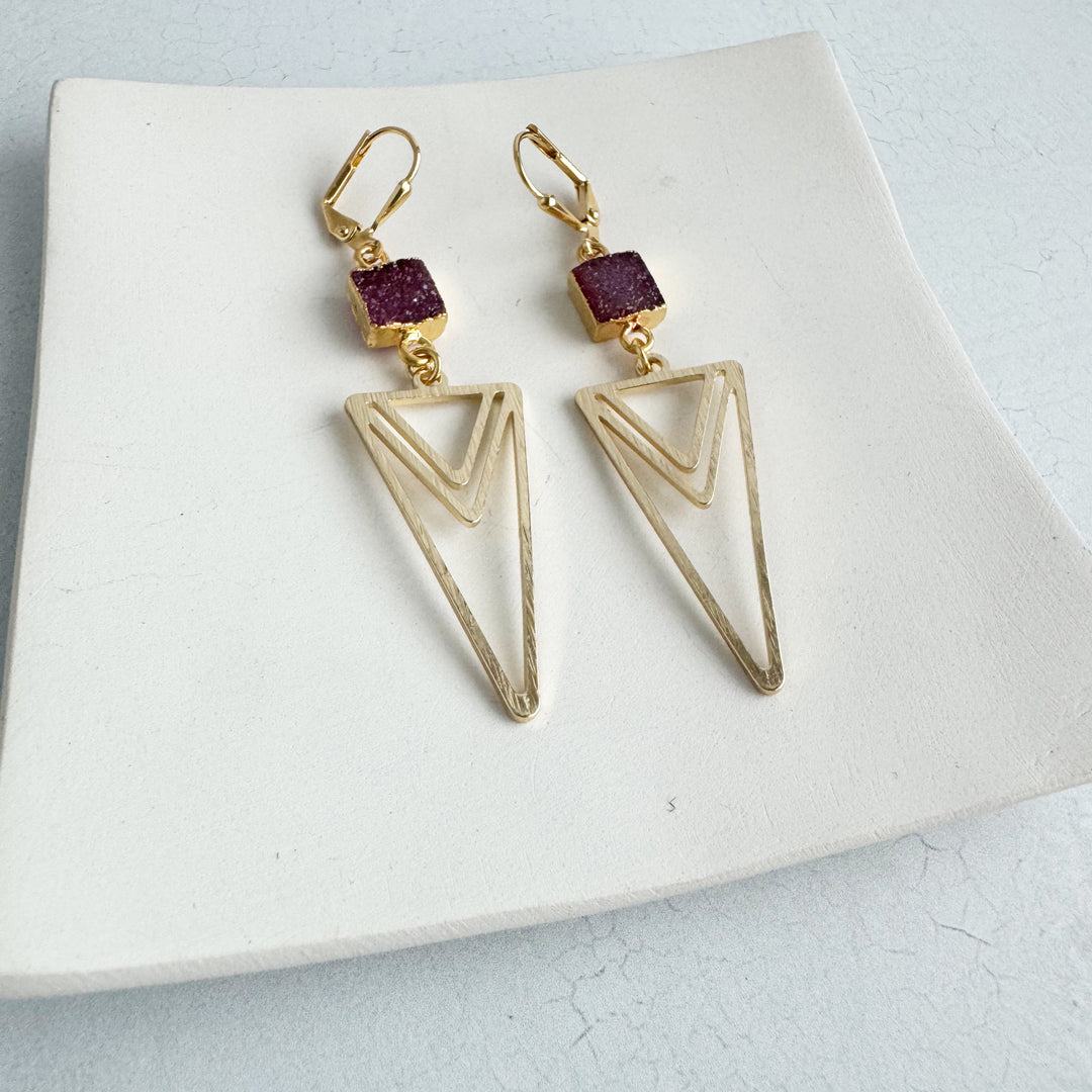 Burgundy Druzy and Layered Triangle Earrings in Brushed Silver or Gold