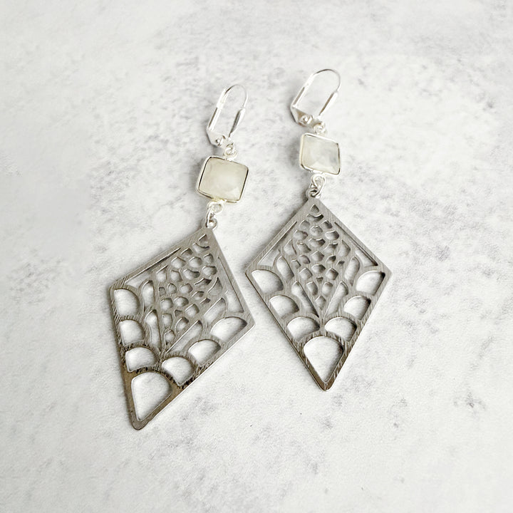 Moonstone and Patterned Diamond Earrings in Brushed Silver