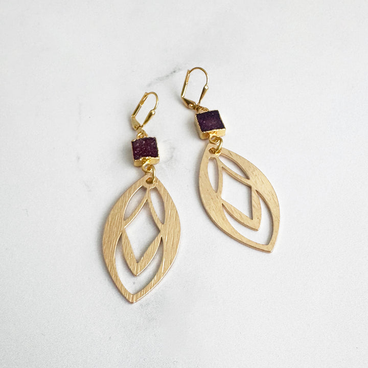 Maroon Druzy Celtic Dangle Earrings in Brushed Gold