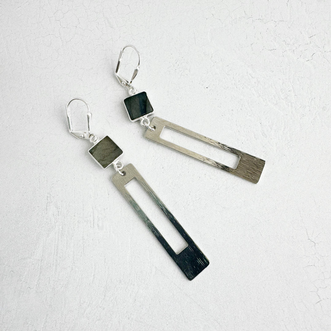 Labradorite Rectangle Drop Earrings in Brushed Silver