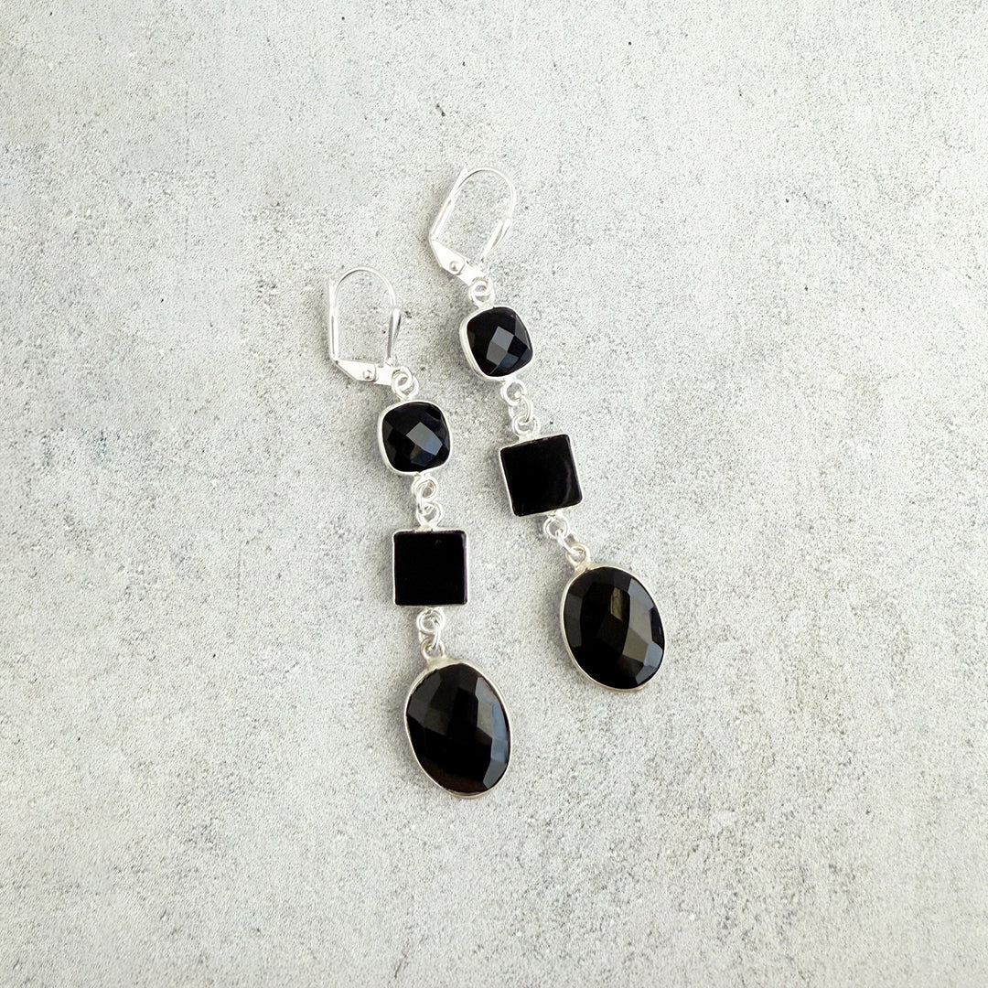 Long Black Onyx Geometric Gemstone Drop Earrings in Silver