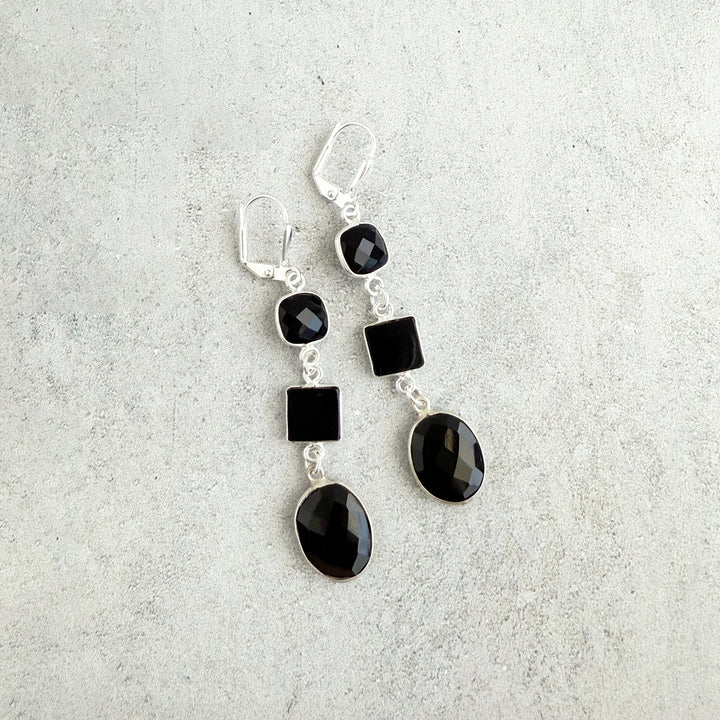 Long Black Onyx Geometric Gemstone Drop Earrings in Silver