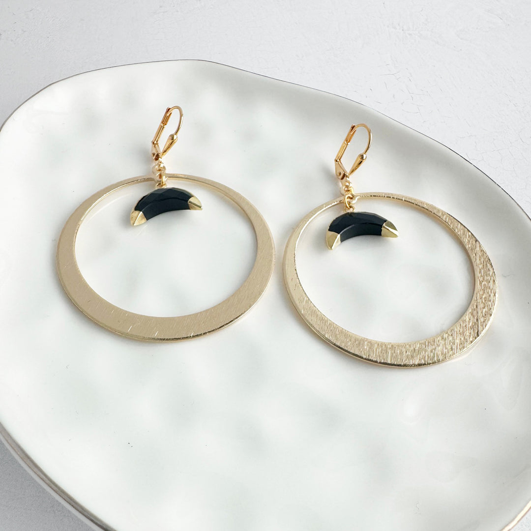 Black Onyx Crescent Hoop Earrings in Brushed Gold