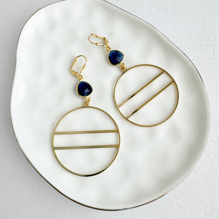 Geometric Hoops with Blue Lolite Stones in Gold and Silver