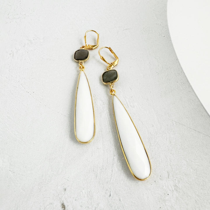 Long White Agate and Moonstone Earrings in Gold