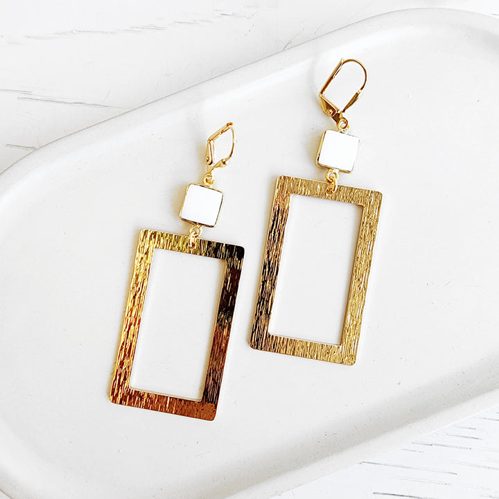 White Agate Rectangle Statement Earrings in Brushed Gold