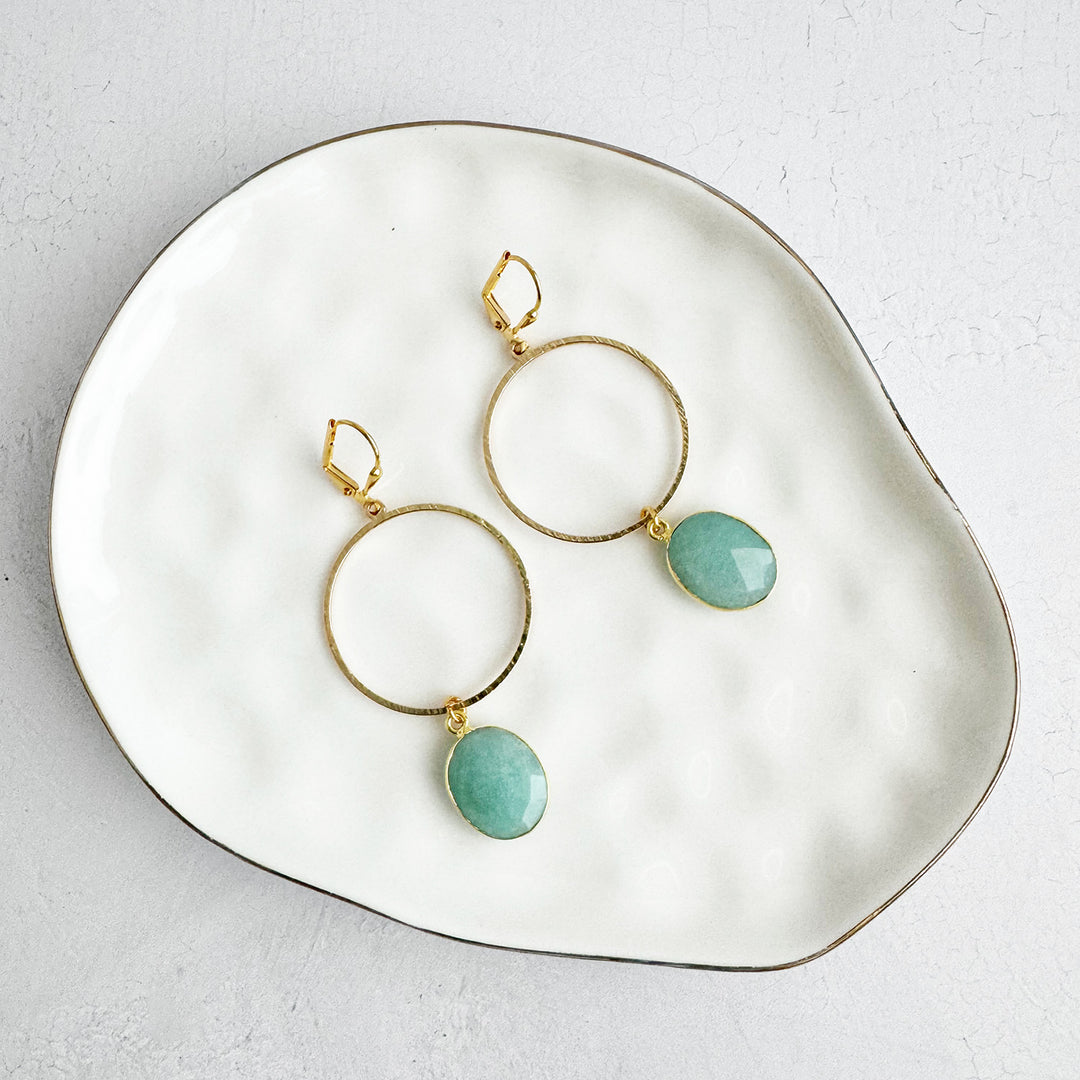 Amazonite Oval Hoop Dangle Earrings in Brushed Gold and Silver