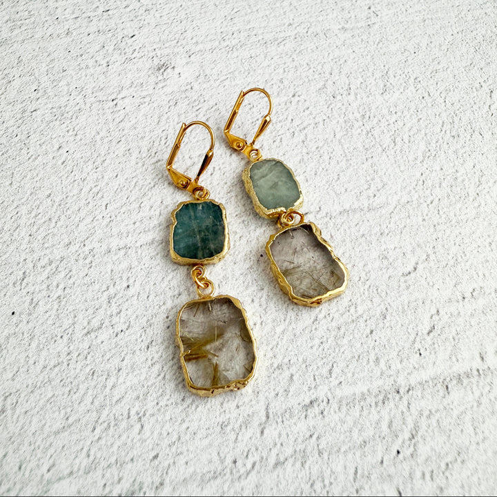 Long Freeform Gemstone Drop Earrings in Gold with Rutilated Quartz and Aquamarine