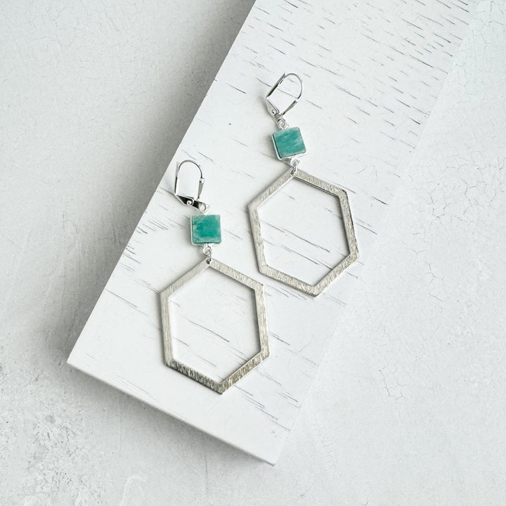 Brushed Silver Hexagon Earrings with Amazonite Stones