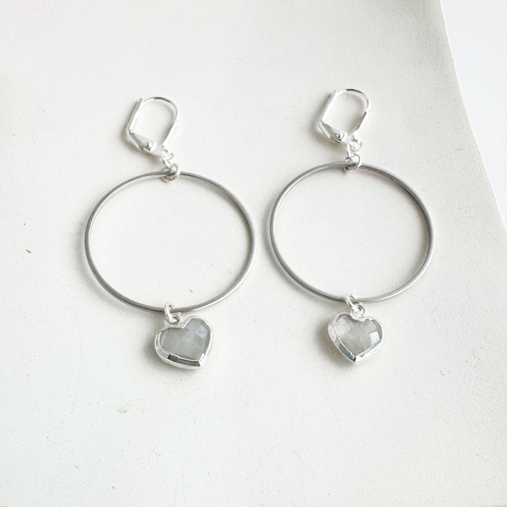 Moonstone Heart Dangle Hoop Earrings in Brushed Silver