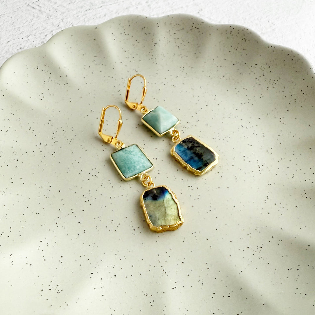 Long Freeform Gemstone Drop Earrings in Gold with Labradorite and Amazonite