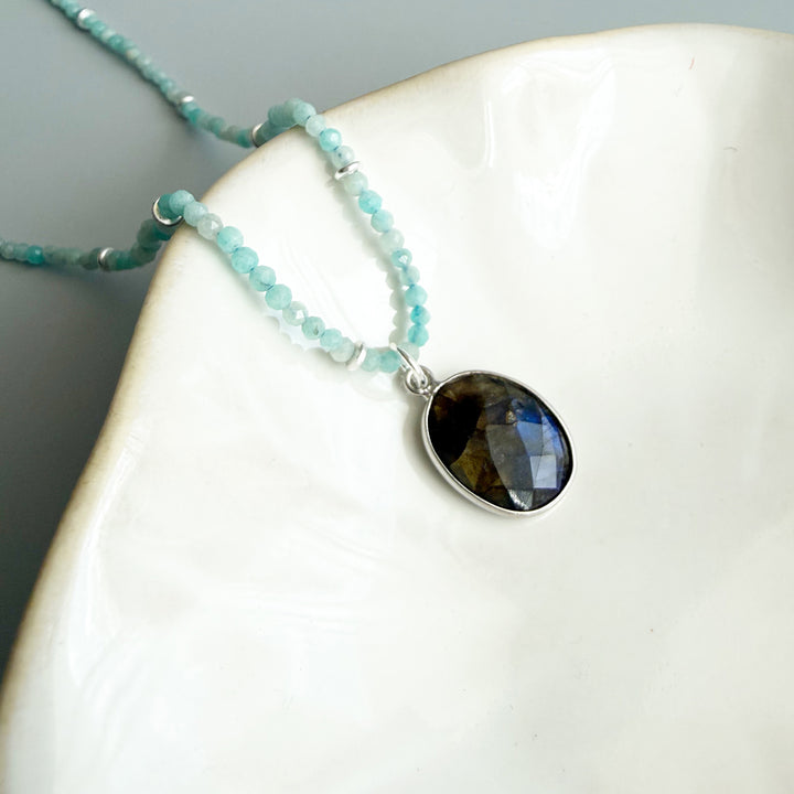 Labradorite Pendant and Amazonite Beaded Necklace in Silver