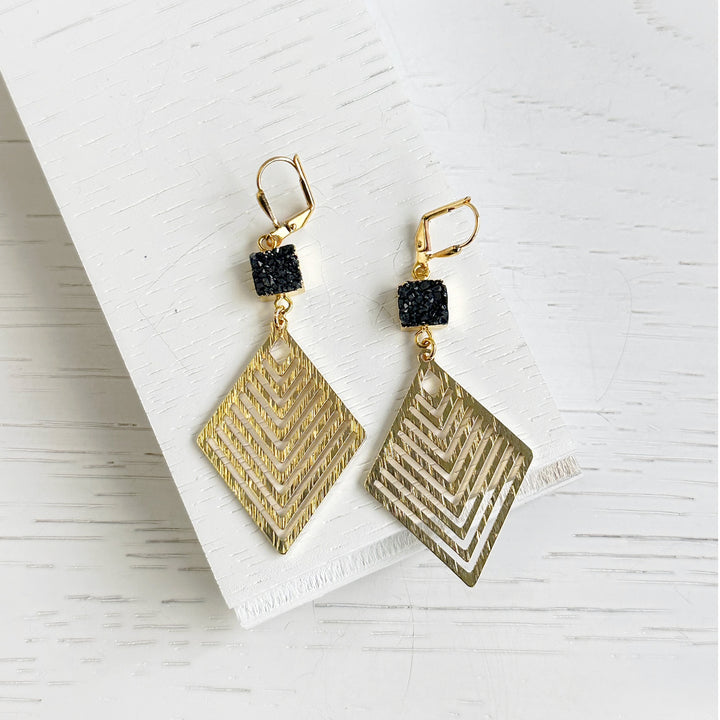 Gold Multiple Chevron Statement Earrings with Black Druzy Stones