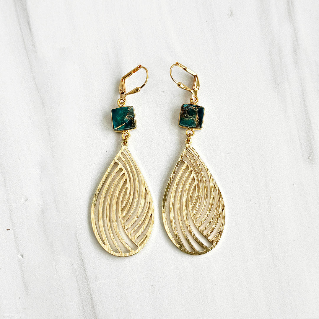 Swirl Teardrop and Teal Mojave Statement Earrings in Brushed Gold