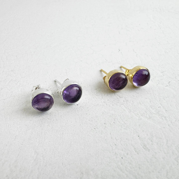 Amethyst Circle Stud Earrings in Gold and Silver