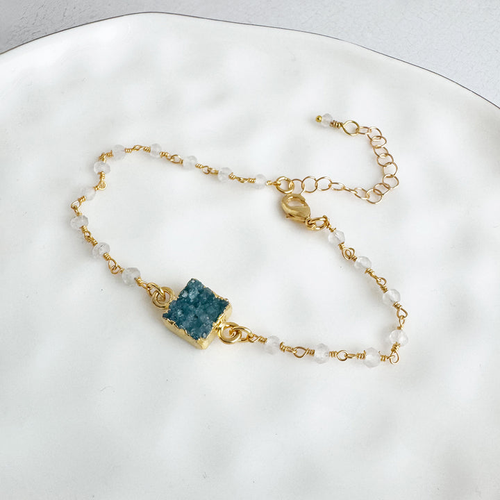 Aqua Druzy and Crystal Quartz Beaded Chain Bracelet in Gold