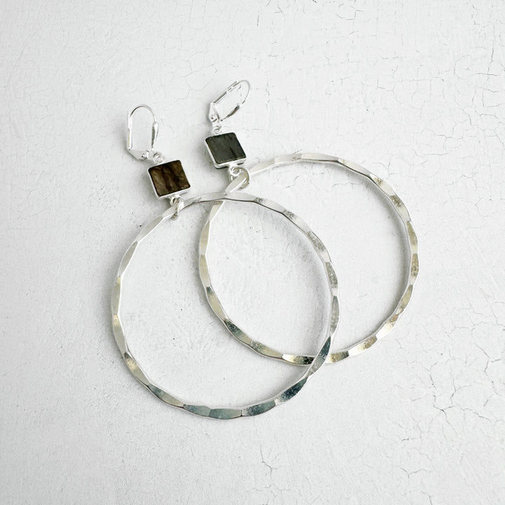 Labradorite Hammered Hoop Earrings in Silver