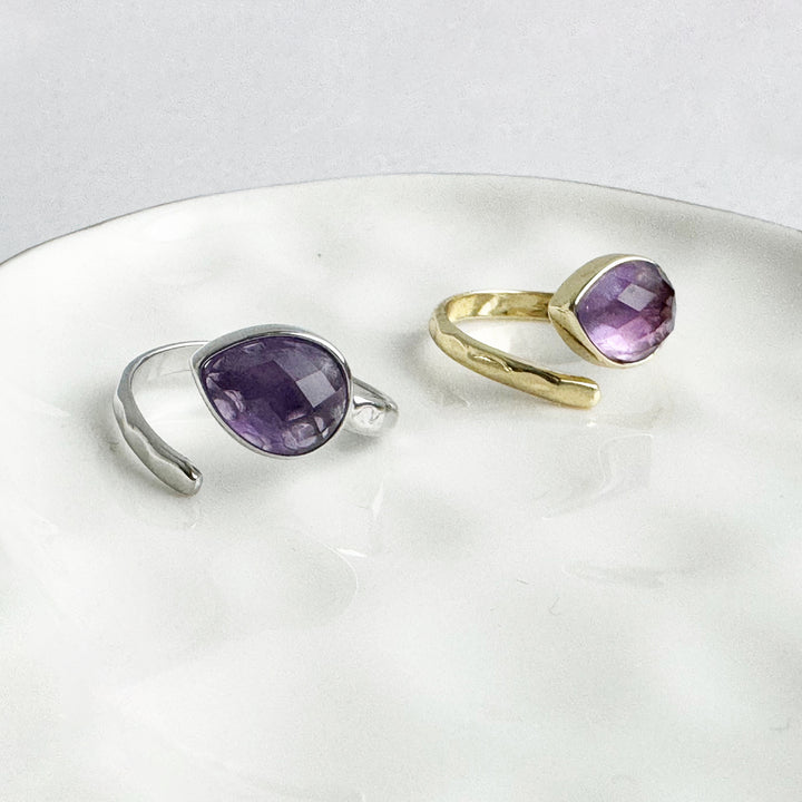 Amethyst Teardrop Wrap Ring in Gold and Silver