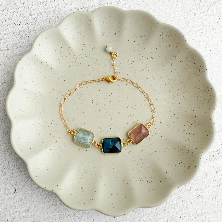 Triple Jewel Bracelet in Gold with Strawberry Quartz, Aquamarine and Ruby Zoisite