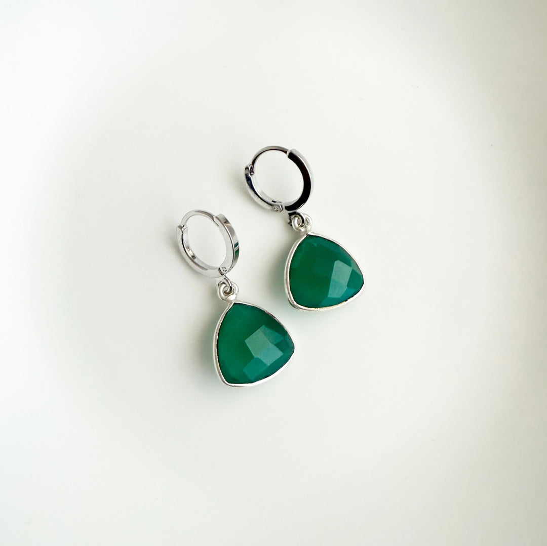 Green Onyx Triangle Bezel Huggie Earrings in Silver