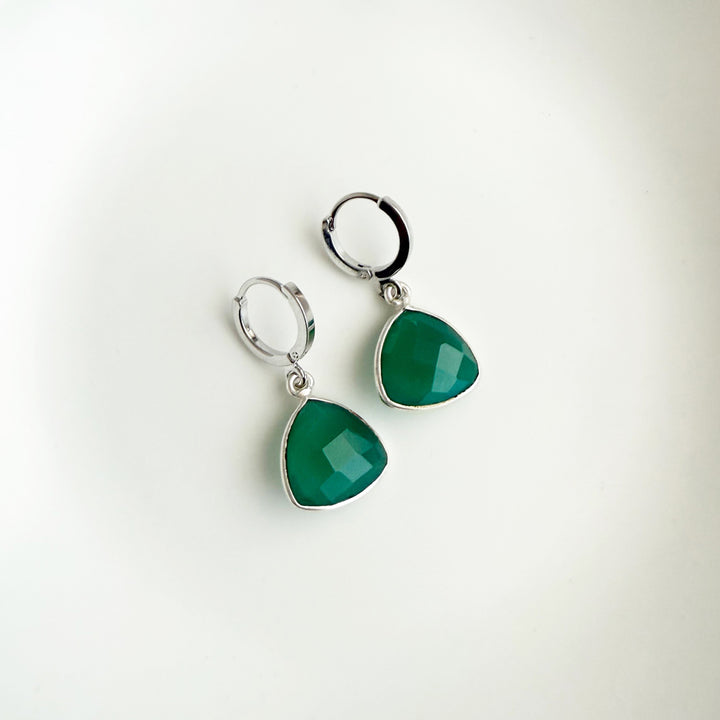 Green Onyx Triangle Bezel Huggie Earrings in Silver